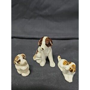 Vintage Bone China Brown & White Dog Figurine 2" With Pups